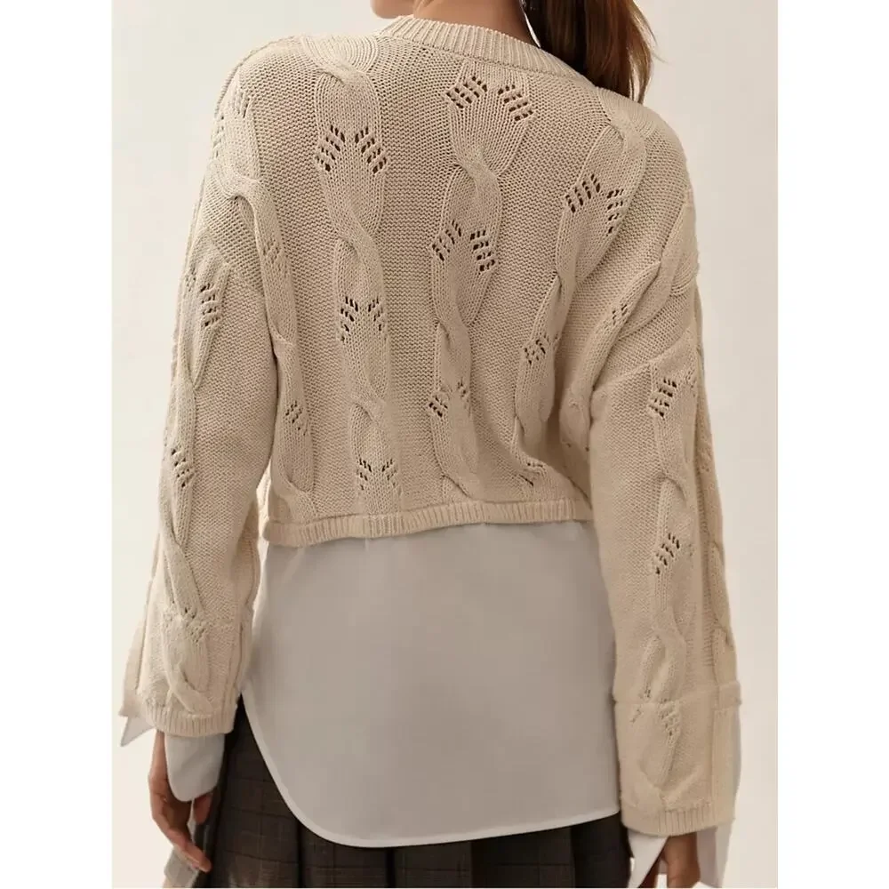 Anthropologie Pilcro Cable Knit Layered Two-Fer Sweater White Blouse Sz XXS